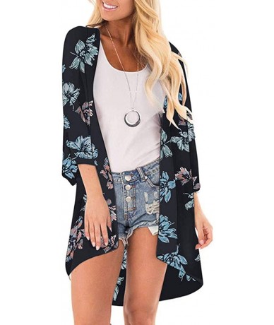 Cover-Ups Kimono Cardigans for Women Summer Beach Floral Chiffon Long Bikini Cover-up Tops - Black 06 - CV18TCUO7YI $28.84