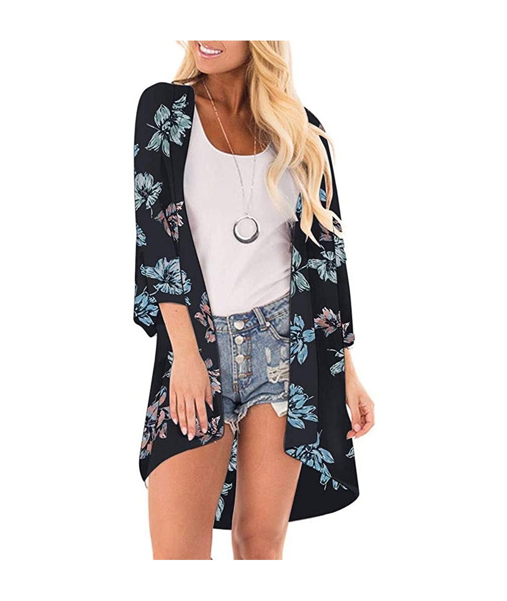 Cover-Ups Kimono Cardigans for Women Summer Beach Floral Chiffon Long Bikini Cover-up Tops - Black 06 - CV18TCUO7YI $28.84