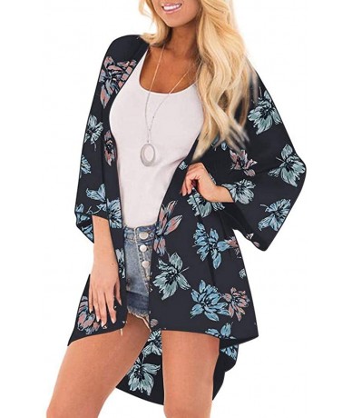 Cover-Ups Kimono Cardigans for Women Summer Beach Floral Chiffon Long Bikini Cover-up Tops - Black 06 - CV18TCUO7YI $28.84