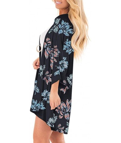 Cover-Ups Kimono Cardigans for Women Summer Beach Floral Chiffon Long Bikini Cover-up Tops - Black 06 - CV18TCUO7YI $28.84