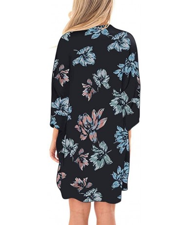 Cover-Ups Kimono Cardigans for Women Summer Beach Floral Chiffon Long Bikini Cover-up Tops - Black 06 - CV18TCUO7YI $28.84