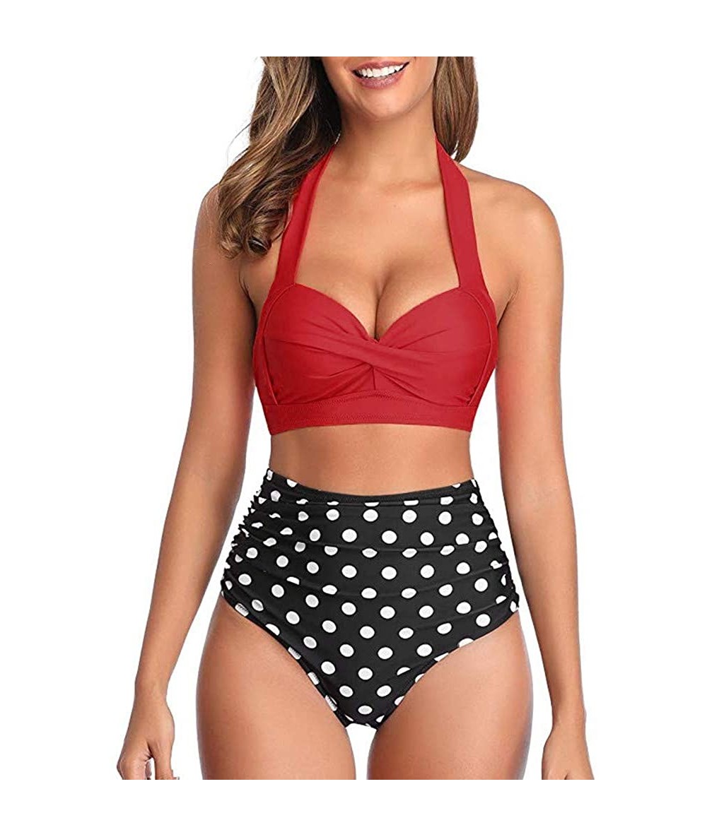 Sets Women's Push-up Halter Bandage Ruched High Waisted Bottoms Bikini Swimsuits - Red_01 - C7194EYL0U7 $18.02