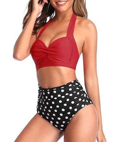 Sets Women's Push-up Halter Bandage Ruched High Waisted Bottoms Bikini Swimsuits - Red_01 - C7194EYL0U7 $18.02