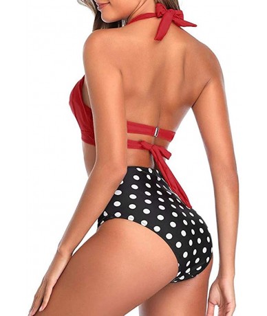 Sets Women's Push-up Halter Bandage Ruched High Waisted Bottoms Bikini Swimsuits - Red_01 - C7194EYL0U7 $18.02