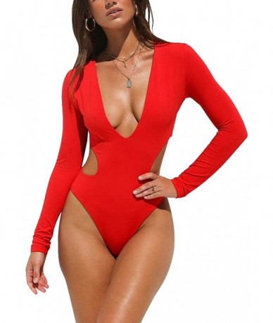 One-Pieces Women Rashguard Sexy Deep V Neck Cutout Long Sleeve One Piece Swimsuit Swimwear Bathing Suit - Red - CK18OREZEU3 $...