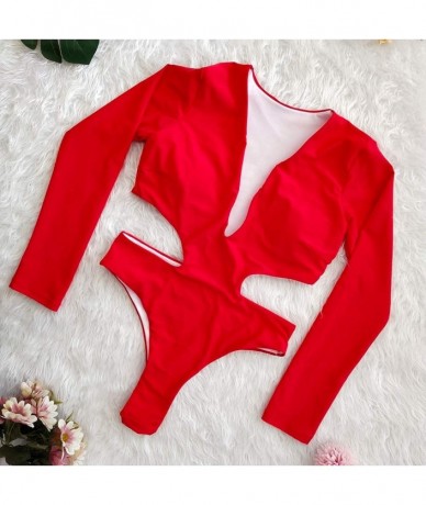 One-Pieces Women Rashguard Sexy Deep V Neck Cutout Long Sleeve One Piece Swimsuit Swimwear Bathing Suit - Red - CK18OREZEU3 $...