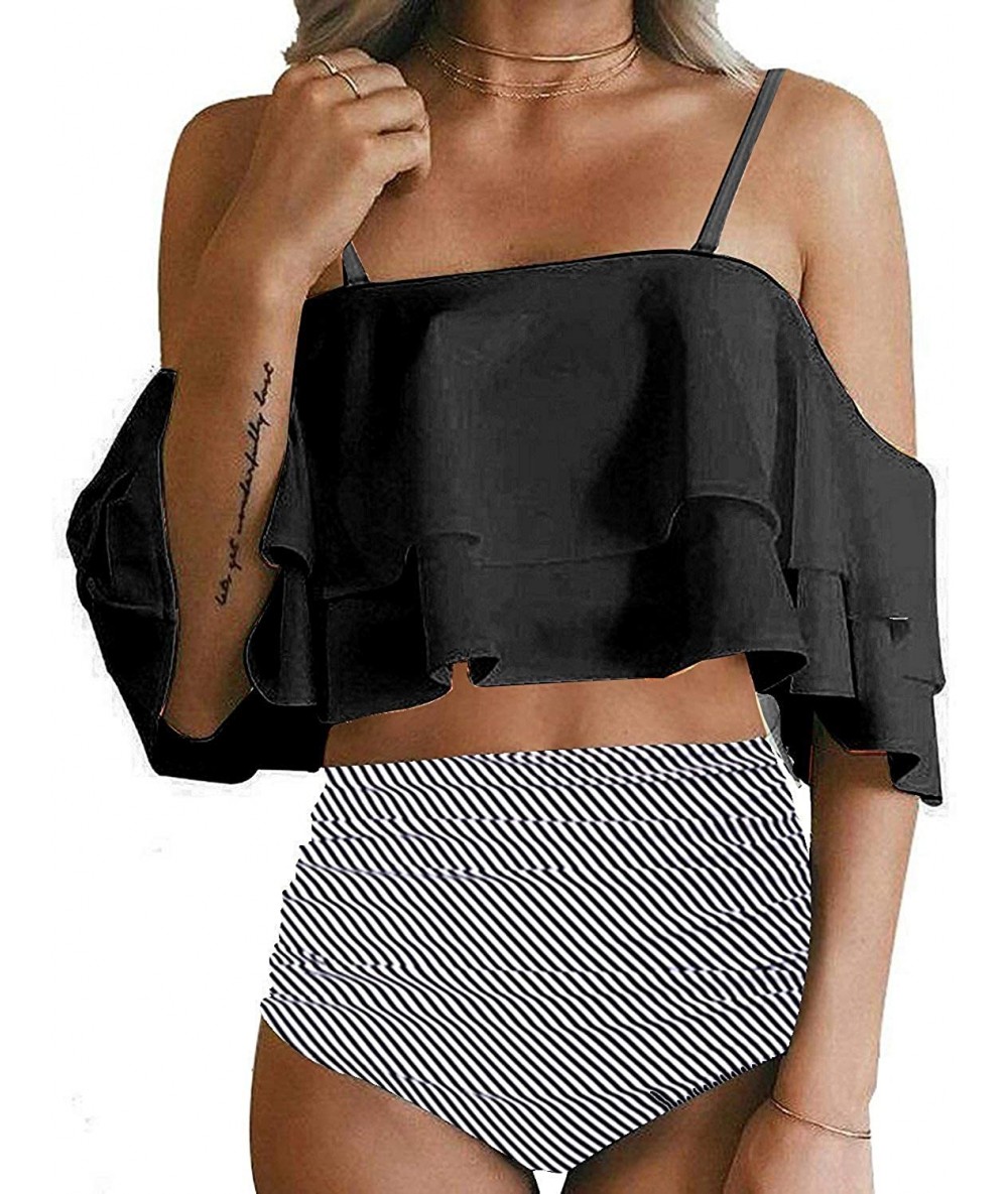 Sets Women Bikini Set Two Piece Off Shoulder Ruffled Flounce Crop Bikini Top with High Waist Print Cut Out Bottoms Striped - ...