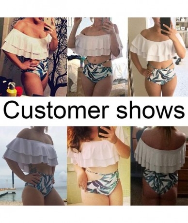 Sets Women Bikini Set Two Piece Off Shoulder Ruffled Flounce Crop Bikini Top with High Waist Print Cut Out Bottoms Striped - ...