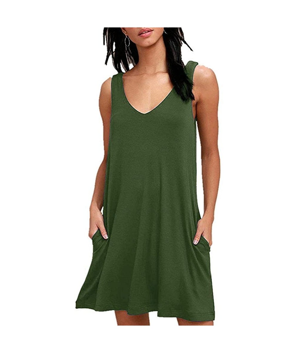 Cover-Ups Women Plain Loose Casual T-Shirt Tunic Dress - 1-sleeveless Armygreen - CU18S33KQE9 $24.43