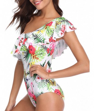 One-Pieces One Piece Swimsuits for Women Flamingo Swimwear One Shoulder Ruffled Flounce Monokini Bathing Suit - Floral - CD18...