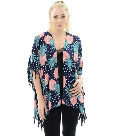 Cover-Ups Womens Fashion Lightweight Printed Open Front Kimono Cardigan Beach Cover-up Various Patterns - Pink Pineapple - CM...