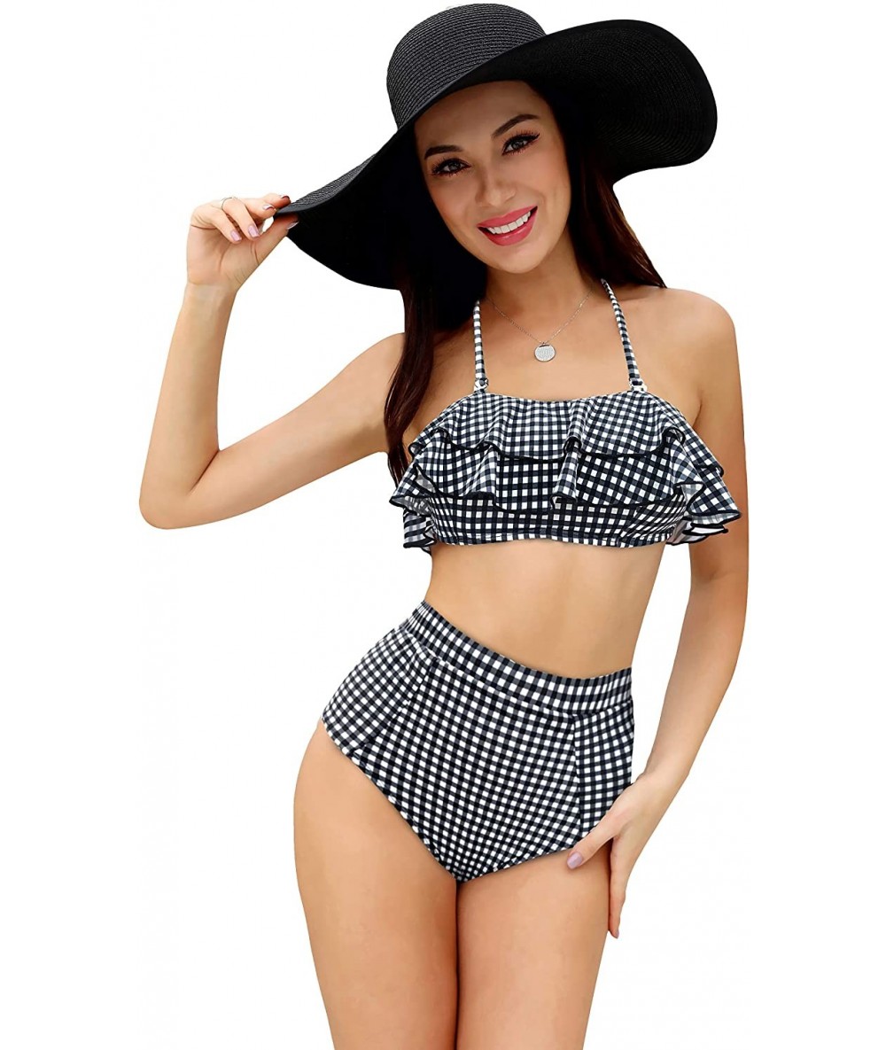 Sets Women's Padded Flounce Halter Bikini Set Ruffled Two Piece Off Shoulder Bandeau Swimsuit - Lattice - Black - CL18TRWRQDE...