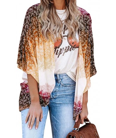 Cover-Ups Womens Floral Kimono Cardigans 3/4 Sleeve Gradient Color Block Beach Cover Up Swimsuit - Yellow - CK197Y4Y2IG $30.19