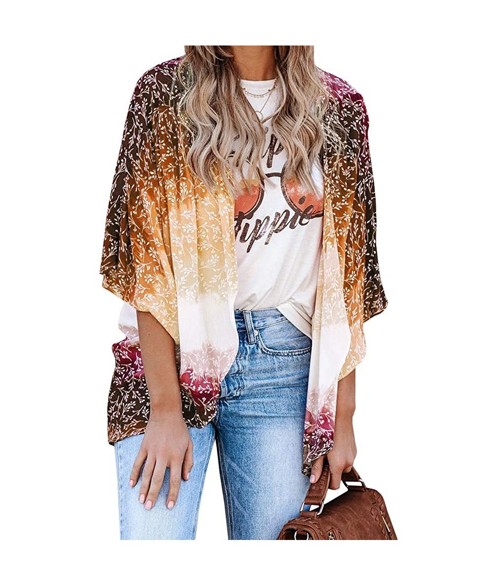 Cover-Ups Womens Floral Kimono Cardigans 3/4 Sleeve Gradient Color Block Beach Cover Up Swimsuit - Yellow - CK197Y4Y2IG $30.19