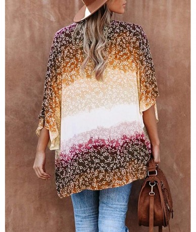 Cover-Ups Womens Floral Kimono Cardigans 3/4 Sleeve Gradient Color Block Beach Cover Up Swimsuit - Yellow - CK197Y4Y2IG $30.19