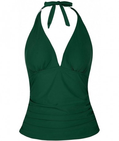 Tankinis Women's Halter Swim Top V Neck Swimwear Front Shirred Tankini Top - Dark Green-top - CV19D8CDGWK $40.95