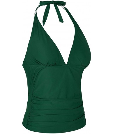 Tankinis Women's Halter Swim Top V Neck Swimwear Front Shirred Tankini Top - Dark Green-top - CV19D8CDGWK $40.95