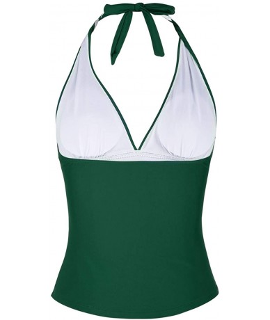 Tankinis Women's Halter Swim Top V Neck Swimwear Front Shirred Tankini Top - Dark Green-top - CV19D8CDGWK $40.95