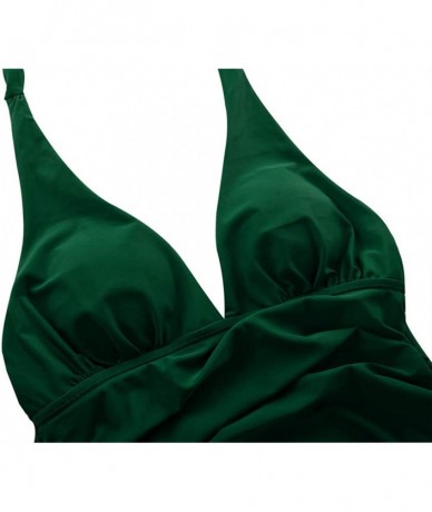 Tankinis Women's Halter Swim Top V Neck Swimwear Front Shirred Tankini Top - Dark Green-top - CV19D8CDGWK $40.95