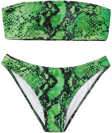 Sets Women Snakeskin Print 2 Pieces Bandeau Bikini Set Push Up Strapless Swimsuits Off Shoulder Bathing Suit - Green - CY194T...