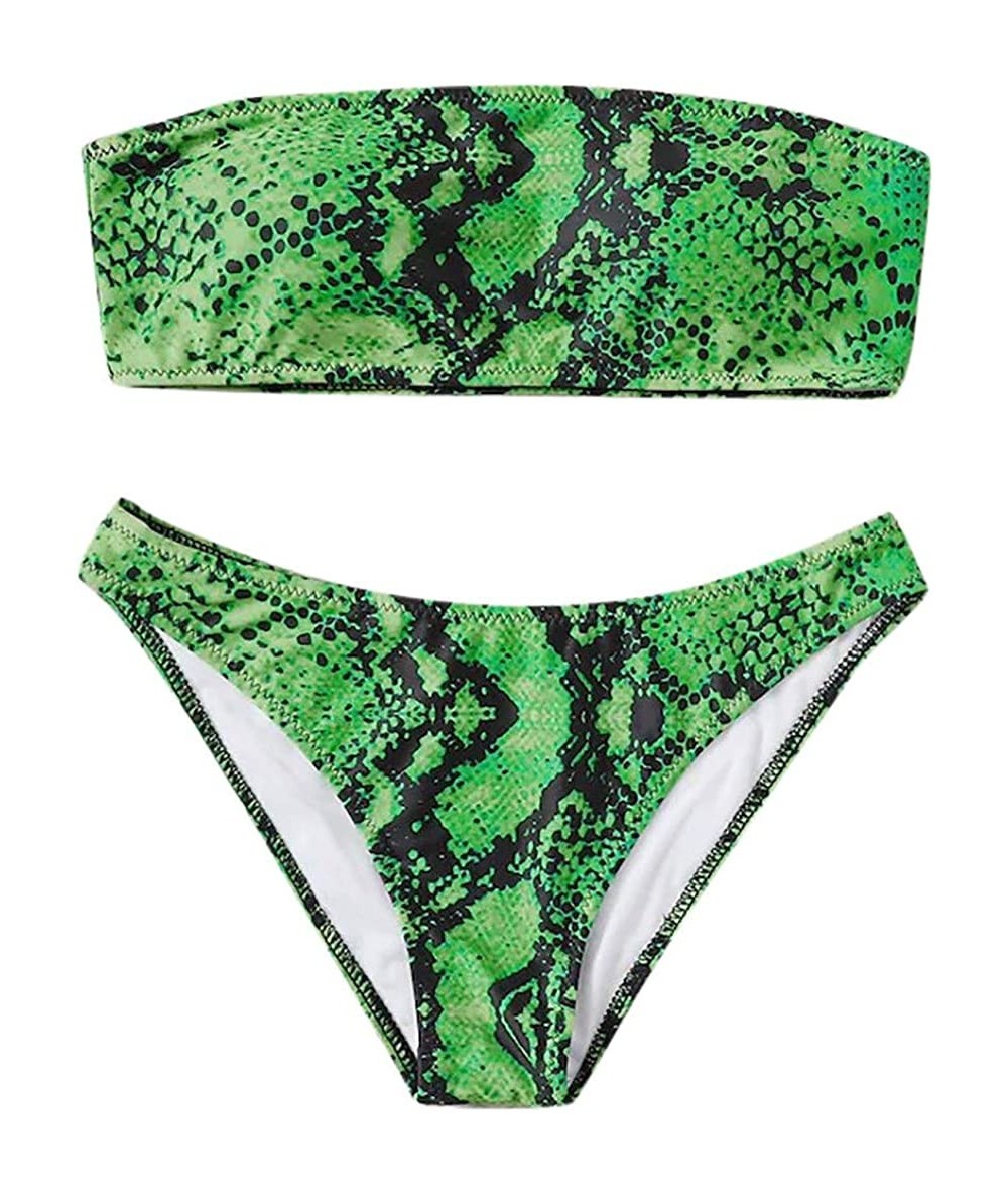 Sets Women Snakeskin Print 2 Pieces Bandeau Bikini Set Push Up Strapless Swimsuits Off Shoulder Bathing Suit - Green - CY194T...