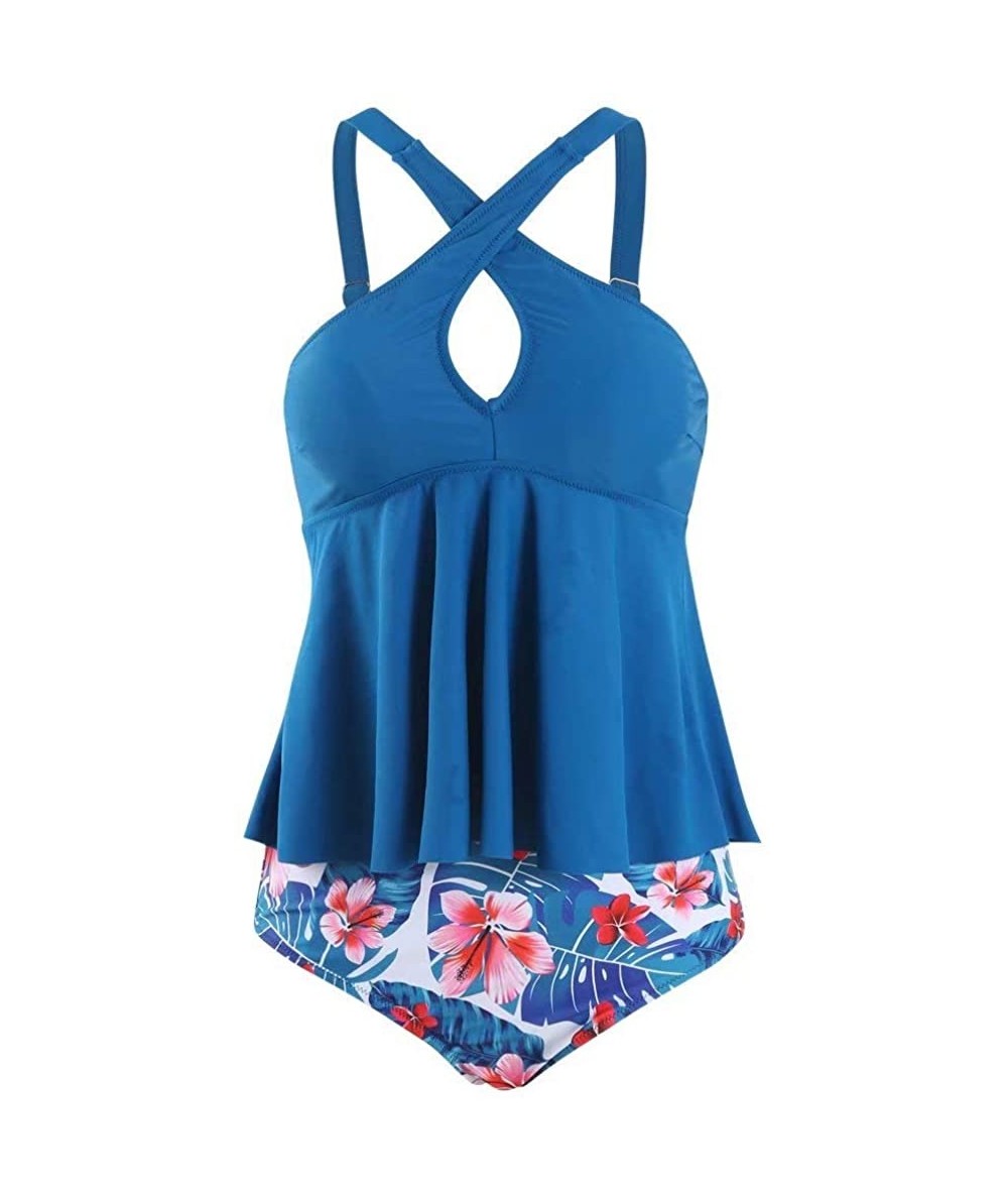 Racing Women Fashion Tankini Bikini Summer Beach Two Pieces Swimsuit Cover Up - Blue Cross Top Floral Bottom - CY193YZD372 $3...