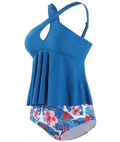 Racing Women Fashion Tankini Bikini Summer Beach Two Pieces Swimsuit Cover Up - Blue Cross Top Floral Bottom - CY193YZD372 $3...