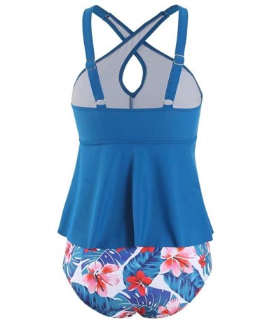 Racing Women Fashion Tankini Bikini Summer Beach Two Pieces Swimsuit Cover Up - Blue Cross Top Floral Bottom - CY193YZD372 $3...