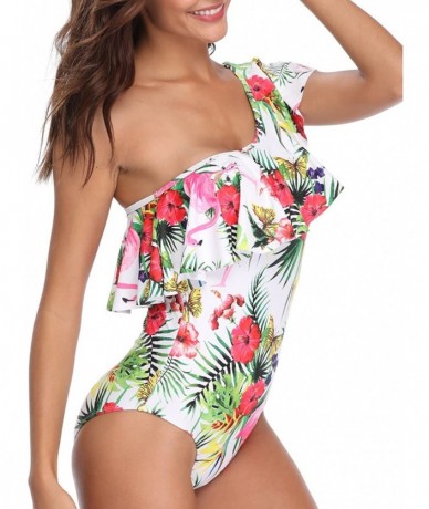 One-Pieces One Piece Swimsuits for Women Flamingo Swimwear One Shoulder Ruffled Flounce Monokini Bathing Suit - Floral - CD18...