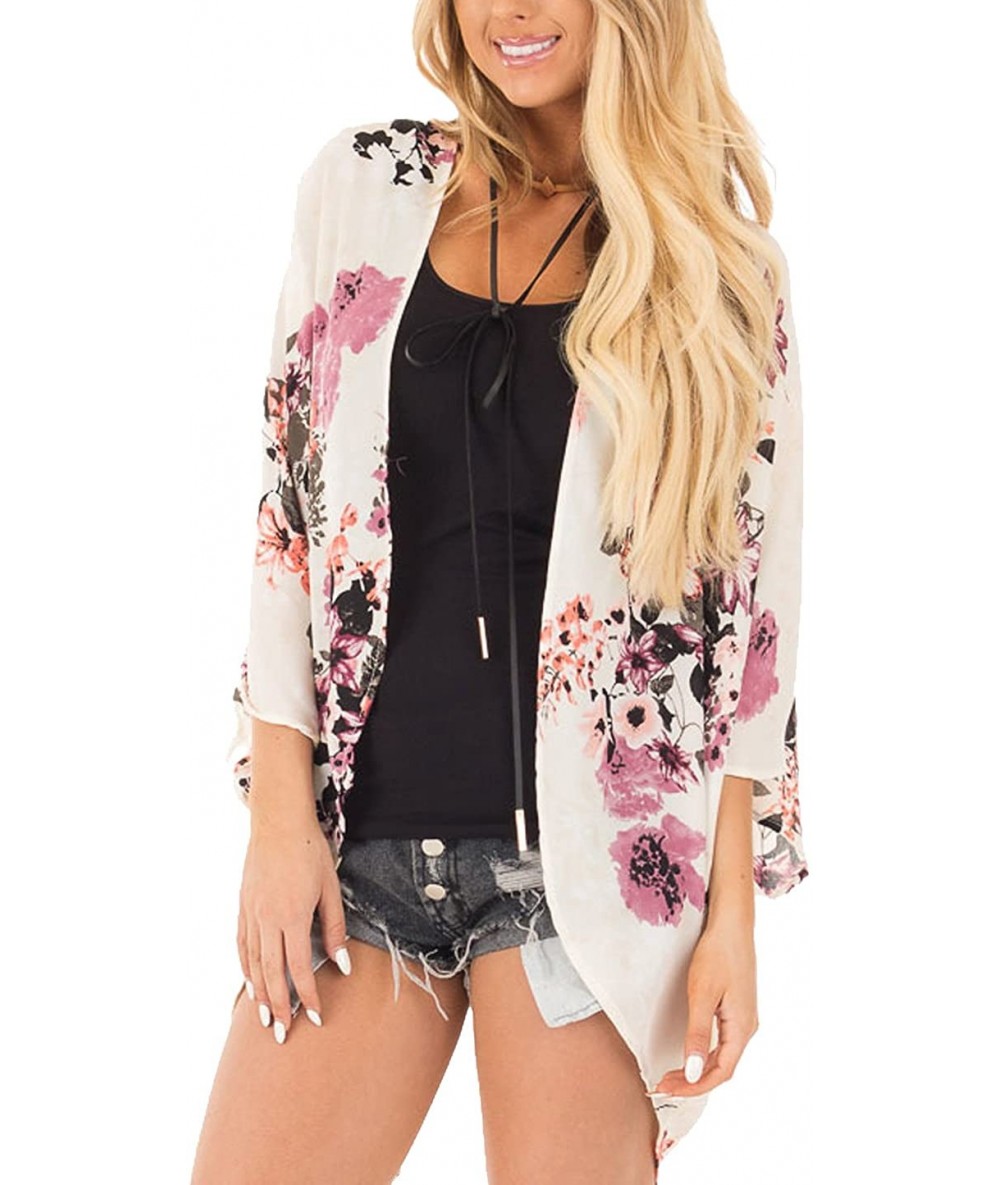 Cover-Ups Women's Sheer Chiffon Blouse Loose Tops Kimono Floral Print Cardigan - T43 - CM18EK6KTNZ $32.24