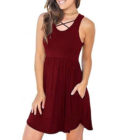 Cover-Ups Sling Dress Women Summer Round Neck Loose Casual Sleeveless Solid Color Elegant Simple Swing Sundress - 08-wine - C...