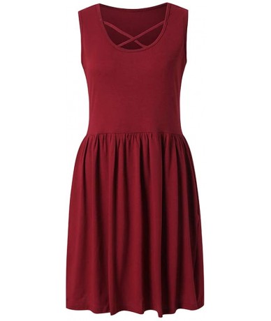 Cover-Ups Sling Dress Women Summer Round Neck Loose Casual Sleeveless Solid Color Elegant Simple Swing Sundress - 08-wine - C...