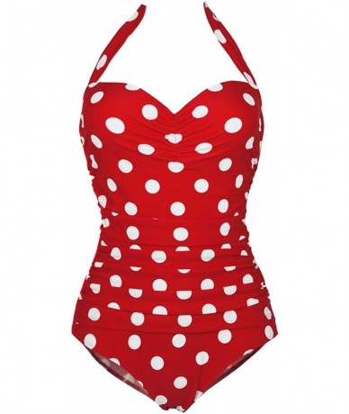 One-Pieces Women's 50s Retro Floral Swimsuit Ruching One Piece Vintage Swimwear Pin Up Monokinis(FBA) - Red(fast Ship) - C111...