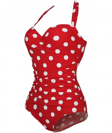 One-Pieces Women's 50s Retro Floral Swimsuit Ruching One Piece Vintage Swimwear Pin Up Monokinis(FBA) - Red(fast Ship) - C111...