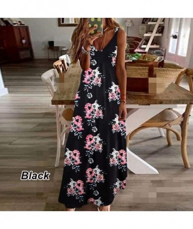 Cover-Ups Bohemian Long Dress-Womens Sleeveless Plus Size Printing Floral Casual Vintage V-Neck Beach Sundress - Black - CT19...