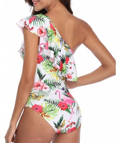 One-Pieces One Piece Swimsuits for Women Flamingo Swimwear One Shoulder Ruffled Flounce Monokini Bathing Suit - Floral - CD18...