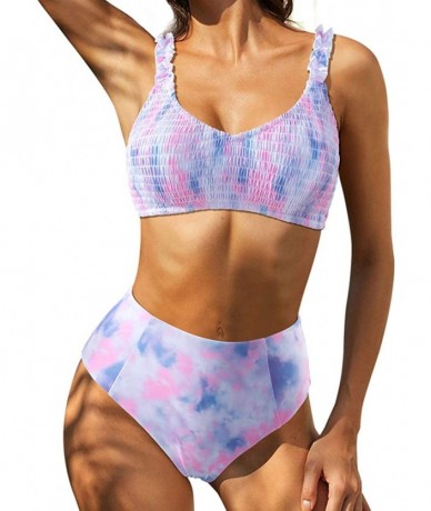 Sets Women Thong High Waisted Bottom Smocked Bandeau Top 2 Piece Bikini Set - Tie Dye - CS19C8O004D $49.83