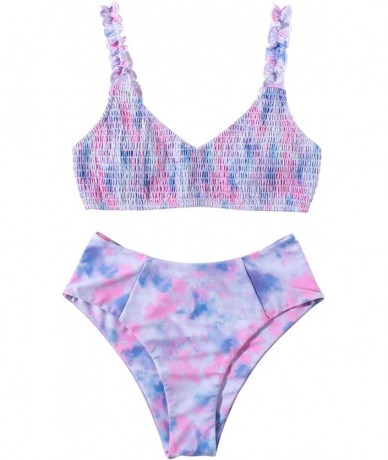 Sets Women Thong High Waisted Bottom Smocked Bandeau Top 2 Piece Bikini Set - Tie Dye - CS19C8O004D $49.83