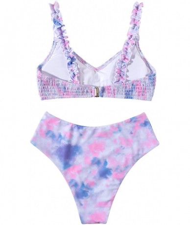 Sets Women Thong High Waisted Bottom Smocked Bandeau Top 2 Piece Bikini Set - Tie Dye - CS19C8O004D $49.83