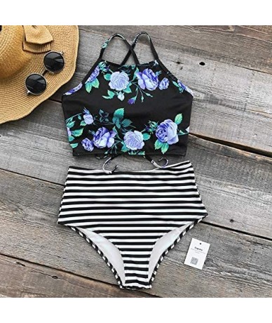 Sets Women's Leaves Printing High-Waisted Halter Swimwear Beach Bikini - Stripes - CS186RCIR2M $45.79