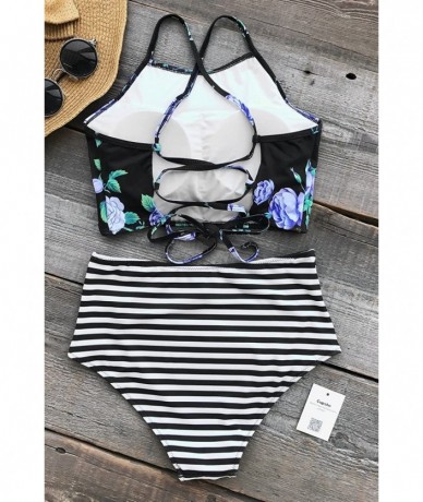 Sets Women's Leaves Printing High-Waisted Halter Swimwear Beach Bikini - Stripes - CS186RCIR2M $45.79