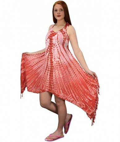 Cover-Ups Womens Batik Tie Dye Asymmetric Hem Caftan Tunic Dress Cover up - Batik Coral - C3184IHKQS5 $31.79