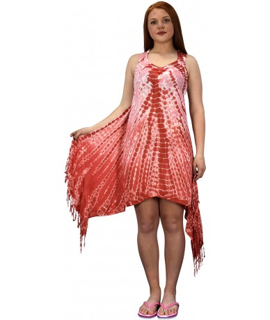 Cover-Ups Womens Batik Tie Dye Asymmetric Hem Caftan Tunic Dress Cover up - Batik Coral - C3184IHKQS5 $31.79