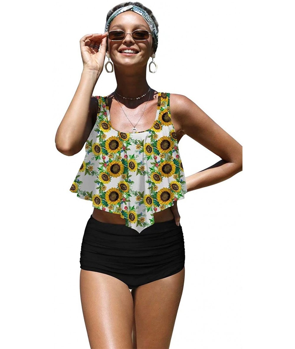 Racing Womens Colorful Sunflowers Botany Print Flounce Bikini Push up High Waisted Swimsuits - Black-1 - CO196MC6TGM $61.78