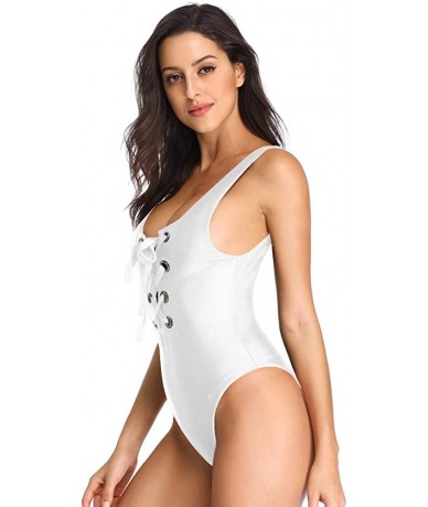 One-Pieces Women's Scoop Neck Lace Up High Cut Cheeky One Piece Swimwear Bathing Suit Maillot - White - C5184KMA0C0 $48.16