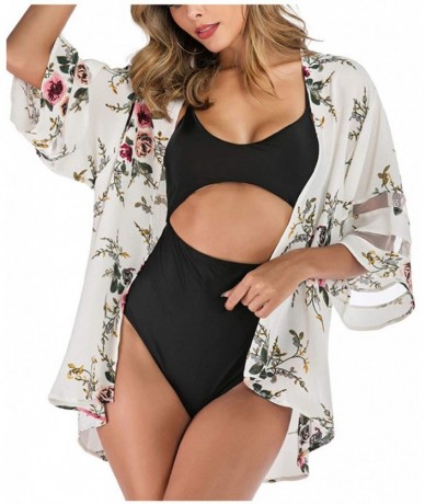 Cover-Ups Women's Chiffon Kimono Cardigan Loose Causal Cover Ups Summer Floral Blouse Tops - Ivory - CD190AZ3EGK $49.28