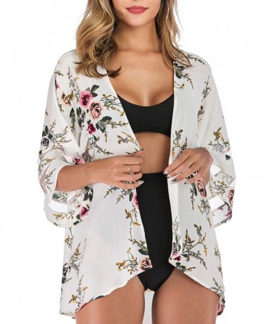 Cover-Ups Women's Chiffon Kimono Cardigan Loose Causal Cover Ups Summer Floral Blouse Tops - Ivory - CD190AZ3EGK $49.28