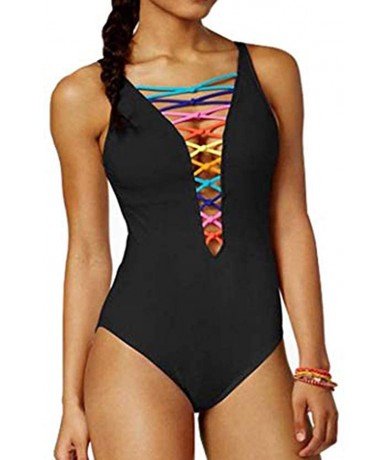 One-Pieces Women's One Piece High Waisted Swimsuit Criss Cross Vintage Cute Bathing Suits - Colorful Bandage Black - C018T6ZC...