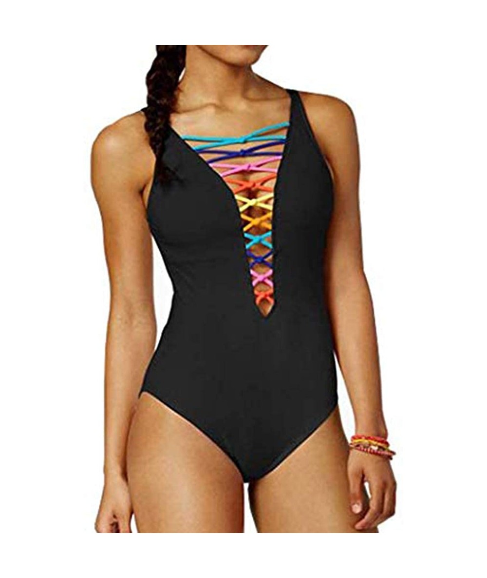 One-Pieces Women's One Piece High Waisted Swimsuit Criss Cross Vintage Cute Bathing Suits - Colorful Bandage Black - C018T6ZC...