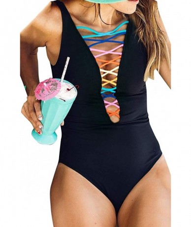 One-Pieces Women's One Piece High Waisted Swimsuit Criss Cross Vintage Cute Bathing Suits - Colorful Bandage Black - C018T6ZC...